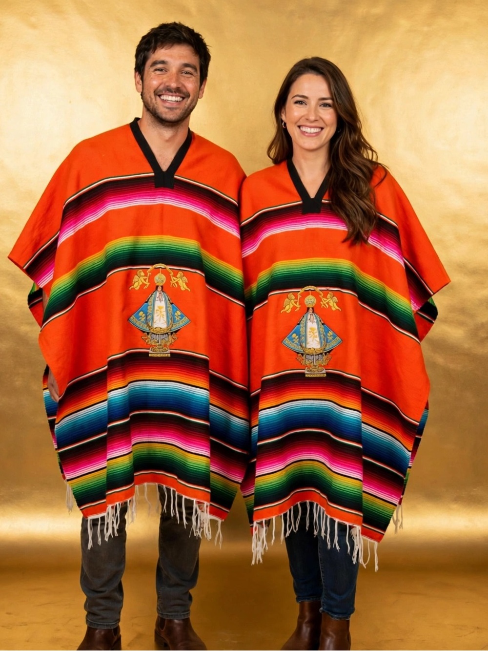 Red Mexican Serape-Style with Embroidered Virgen de San Juan Motif